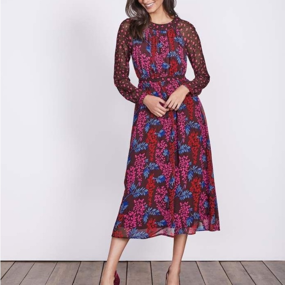 Boden Erica Midi Dress Maroon Long Sleeve Floral Leopard Print Purple Size 14